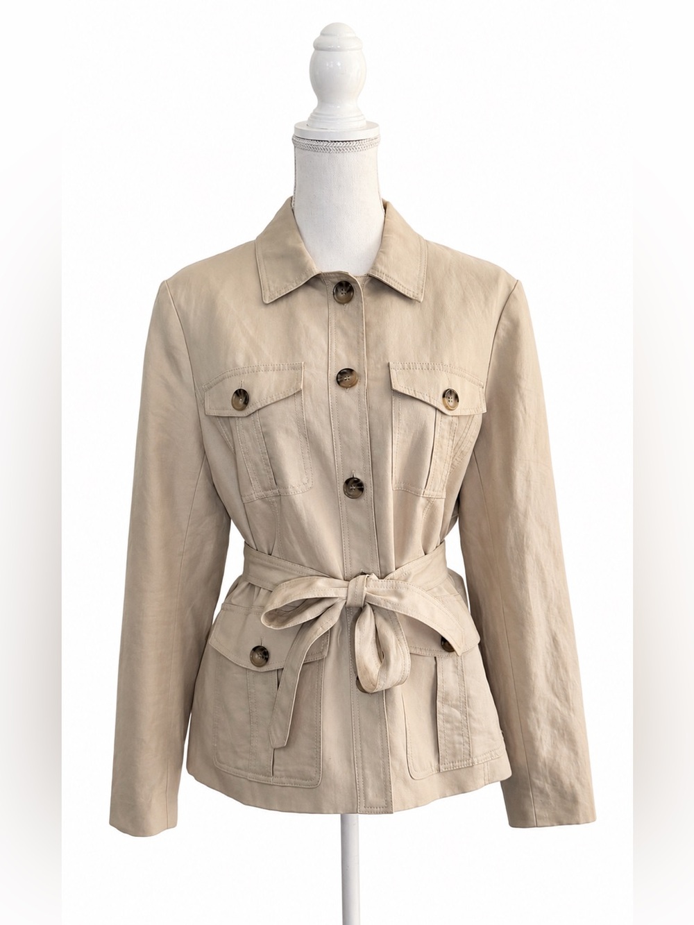 Ann Taylor Linen Blend Belted Safari Utility Jacket Khaki Size 14 - Picture 2 of 16